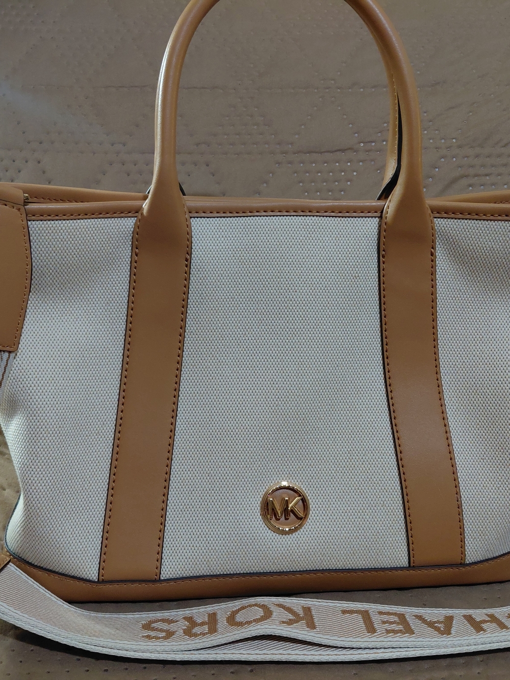 Michael Kors Cream Canvas Tote with Tan Trim and Gold MK Accent